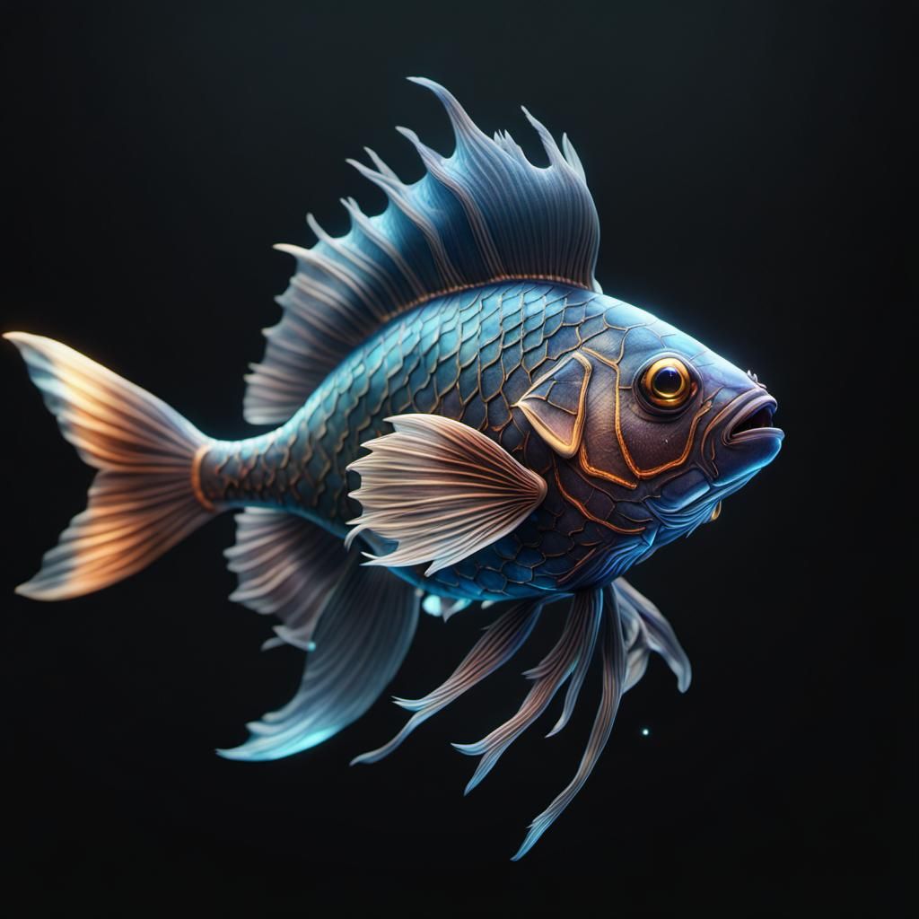 Fantastical Crystal Fish on Black Background
