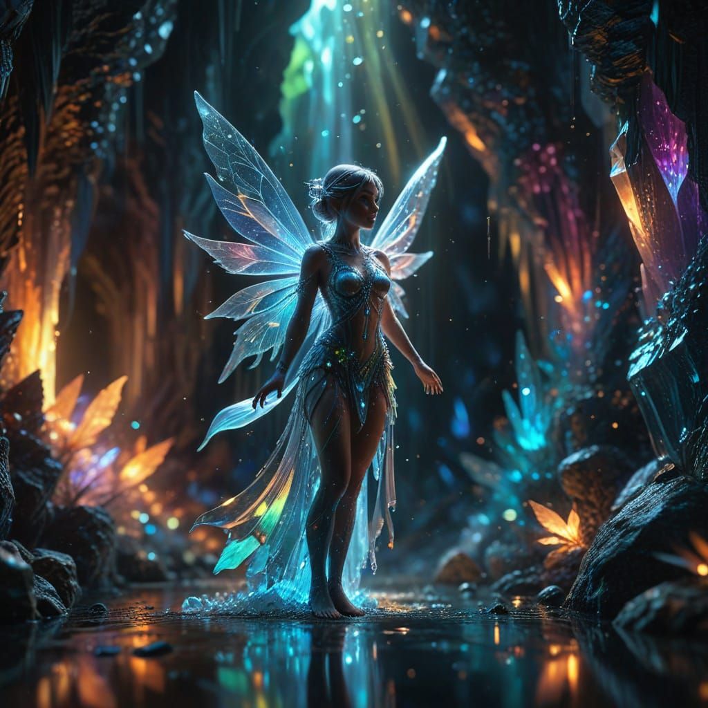 Bioluminescent Fairy in Crystal Cave with Prism Light