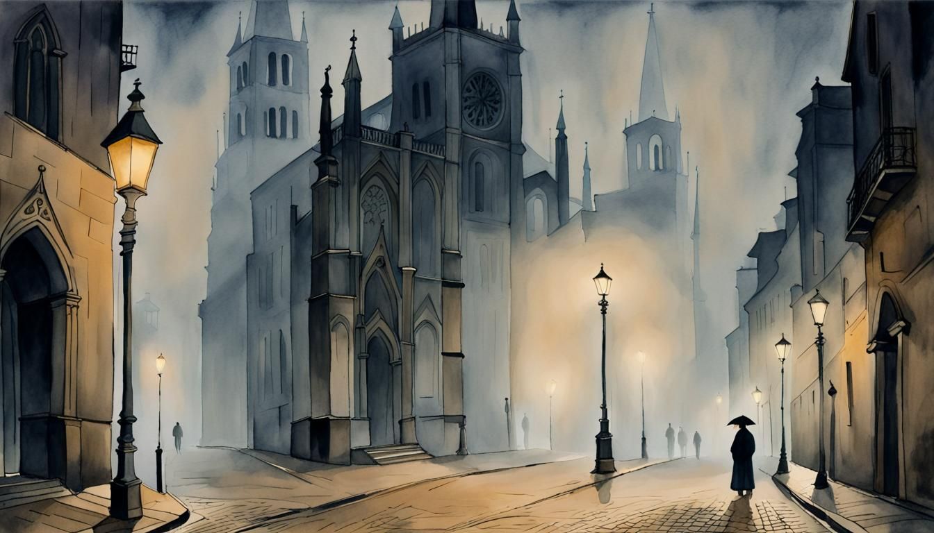 Gloomy Cathedral: Dark Watercolor Art on a Foggy Evening