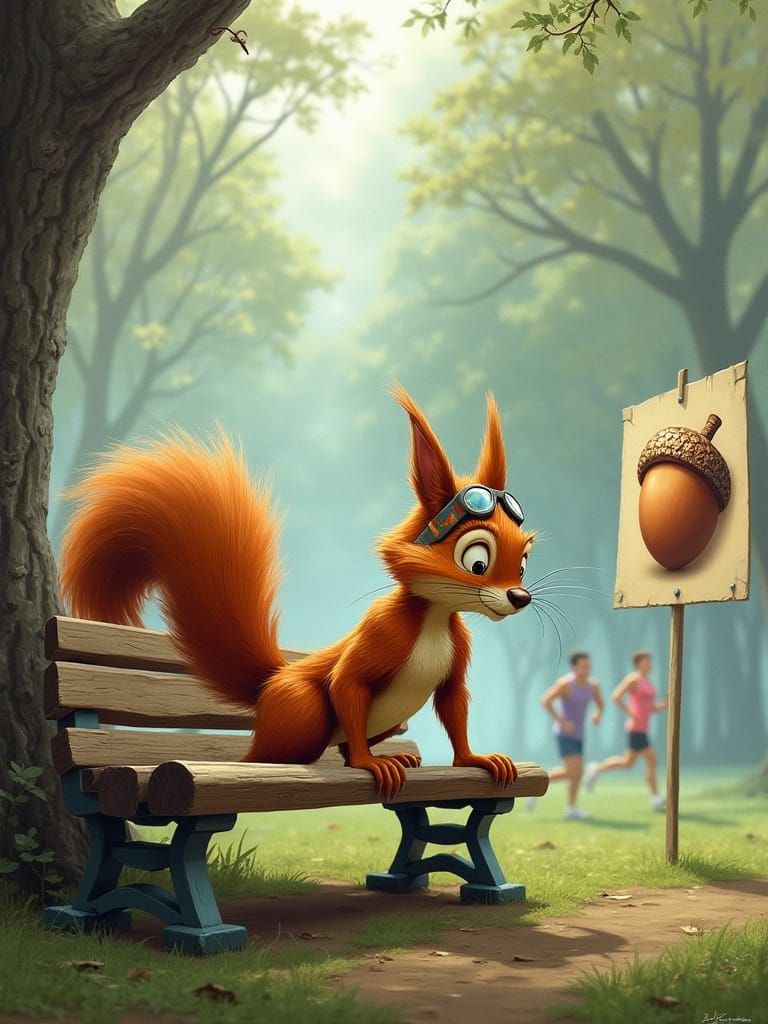 Muscular Squirrel in Sweatbands Doing Push-Ups in a Misty Pa...