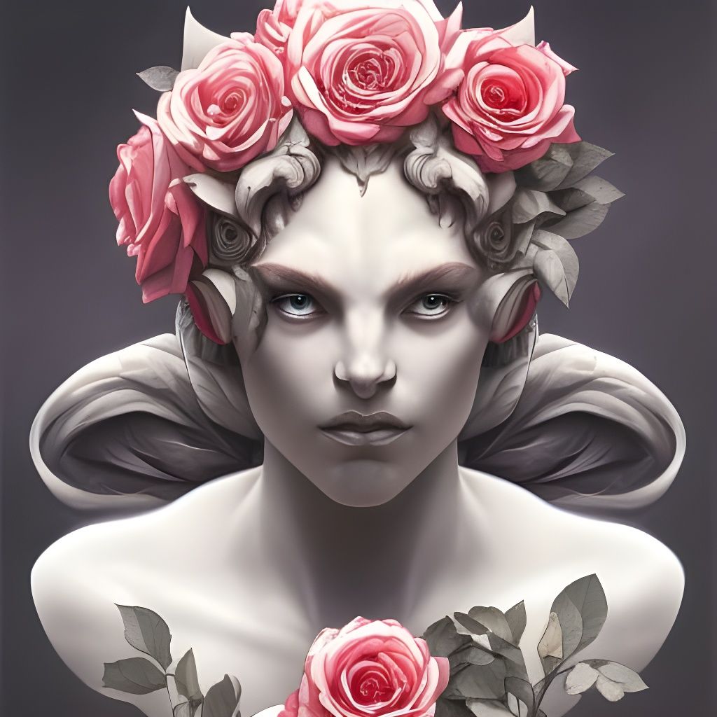 Gargoyle with Roses: Detailed Digital Portrait