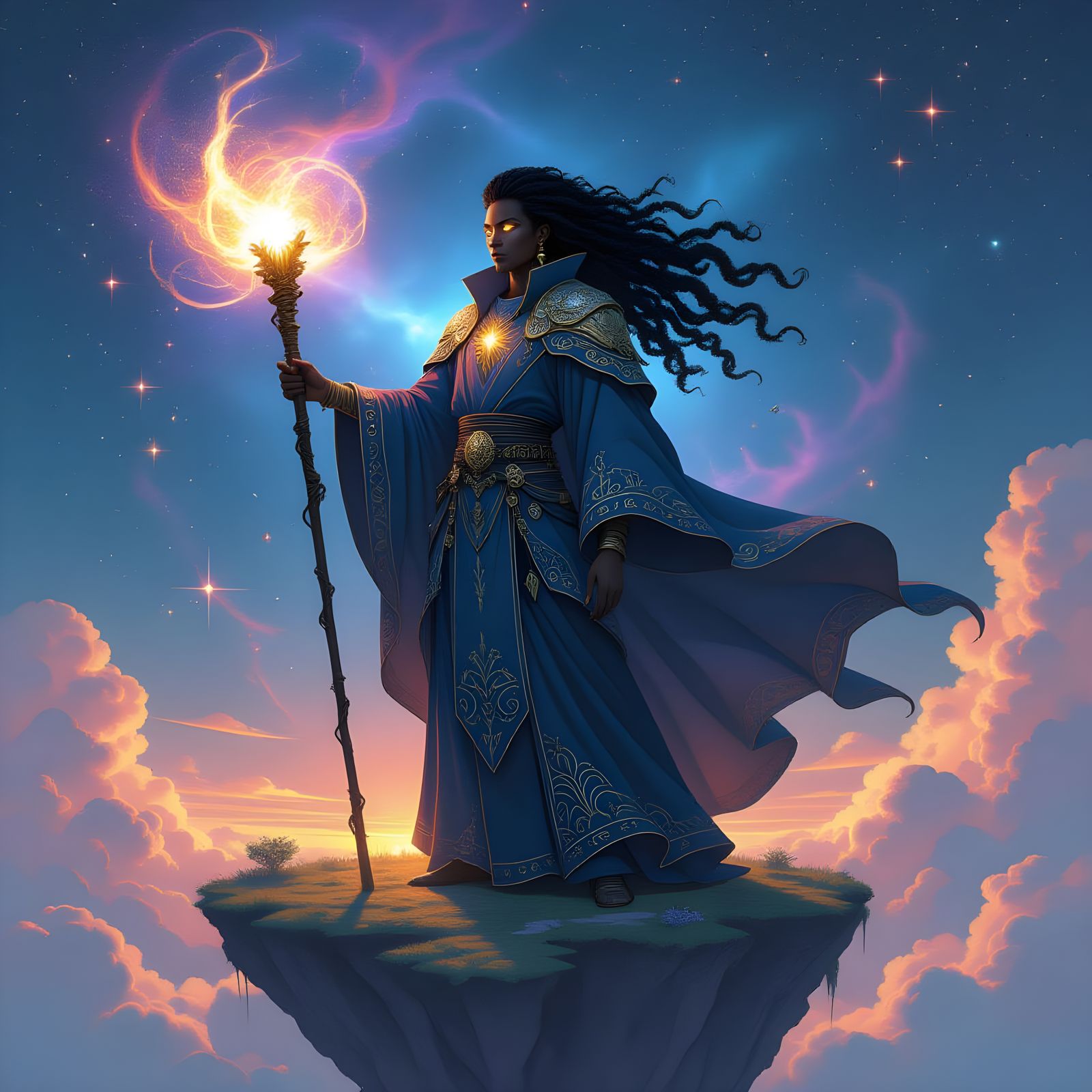 Celestial Sorcerer Amidst Swirling Nebula in Cosmic Fantasy ...