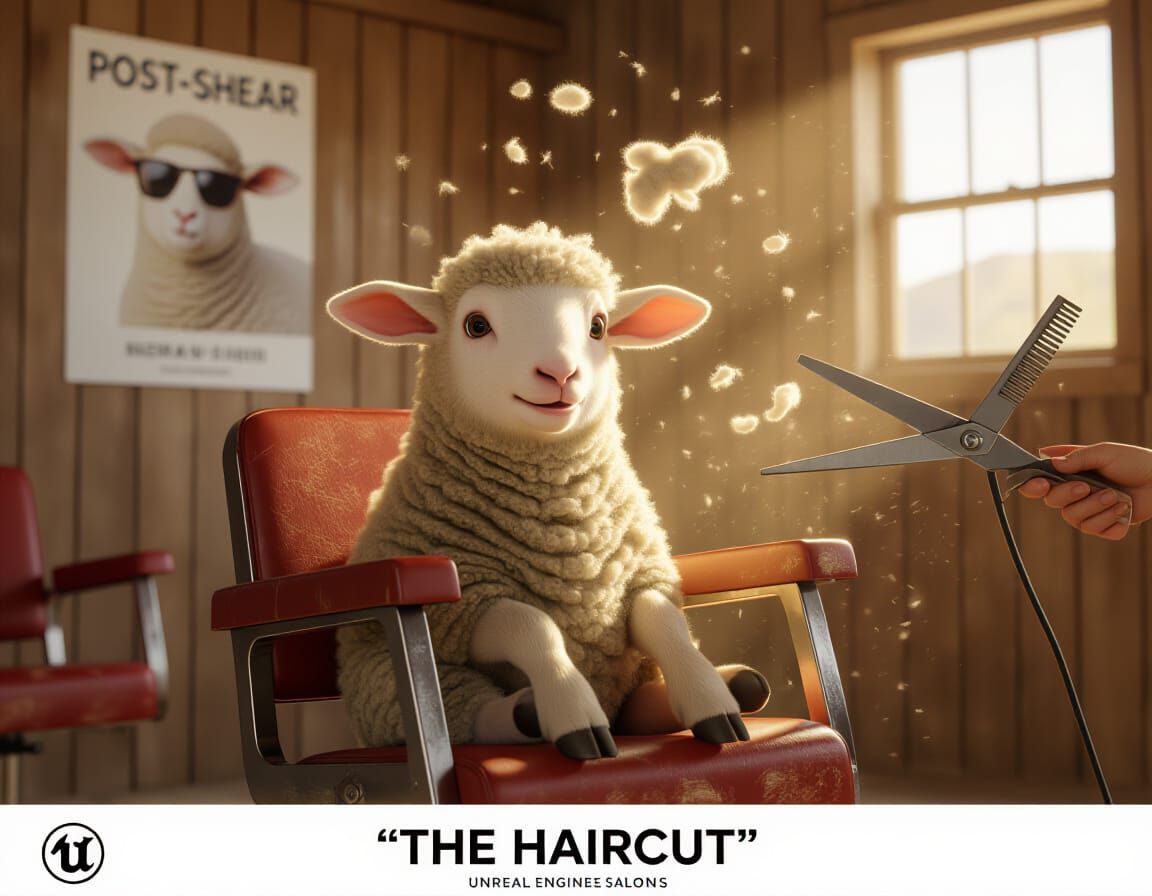 Nervous Lamb's First Haircut: Photorealistic 8K Render