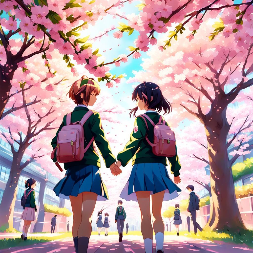 Anime Siblings Under Cherry Blossoms in Digital Painting