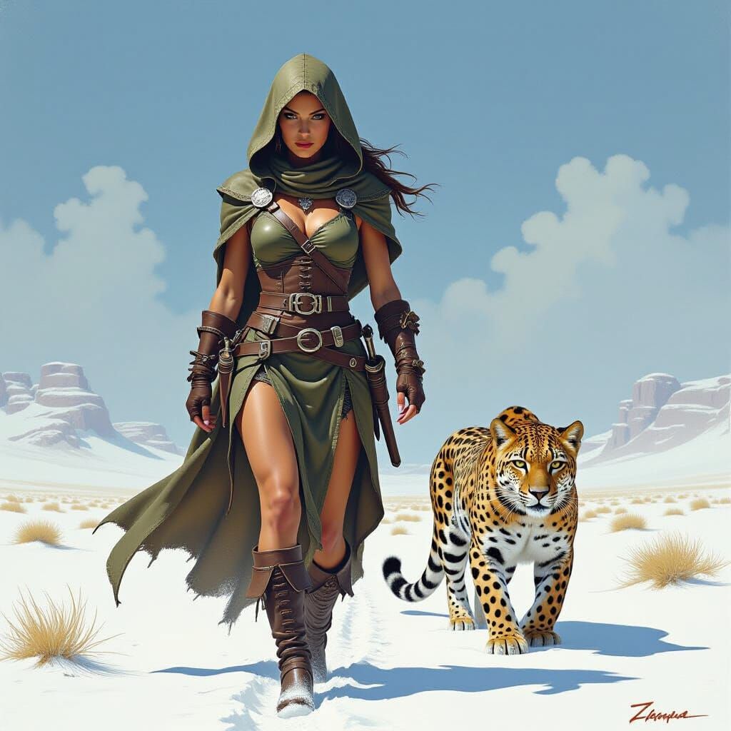 Mercenary and Leopard in Desert Snowscape