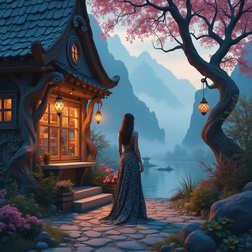 Whimsical Cafe Maiden in Dreamlike Landscapes