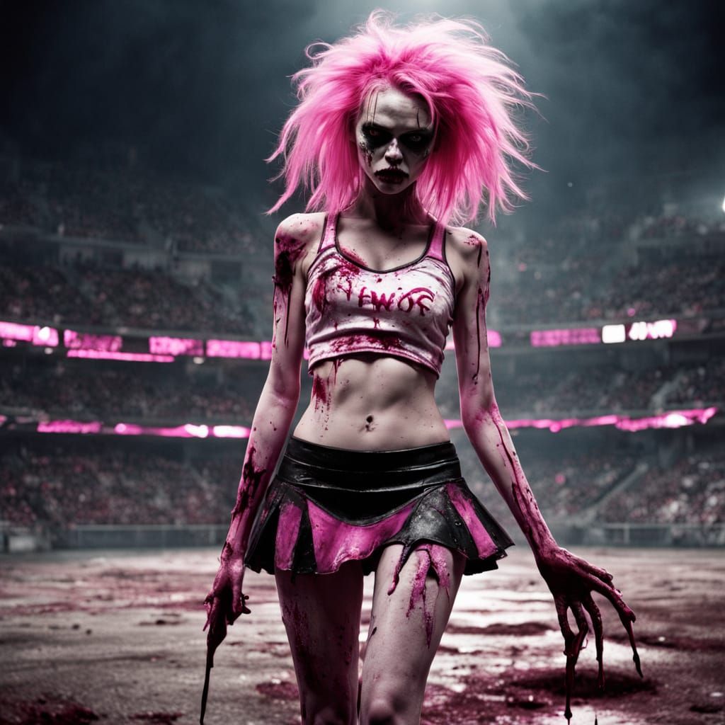 Gothic Horror Cheerleader Zombie in Dark Abandoned Stadium