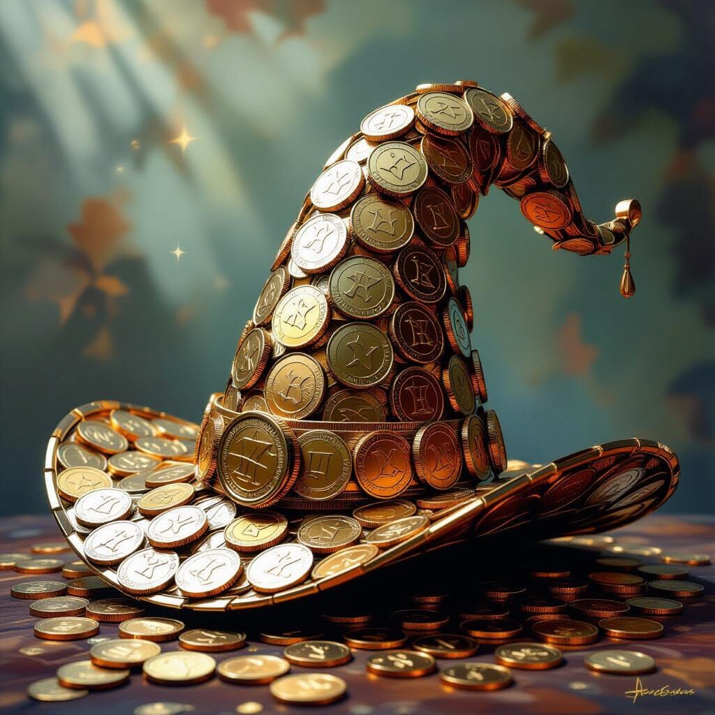 Mechanical Wizard Hat of Coins in Textured Oil Painting Styl...