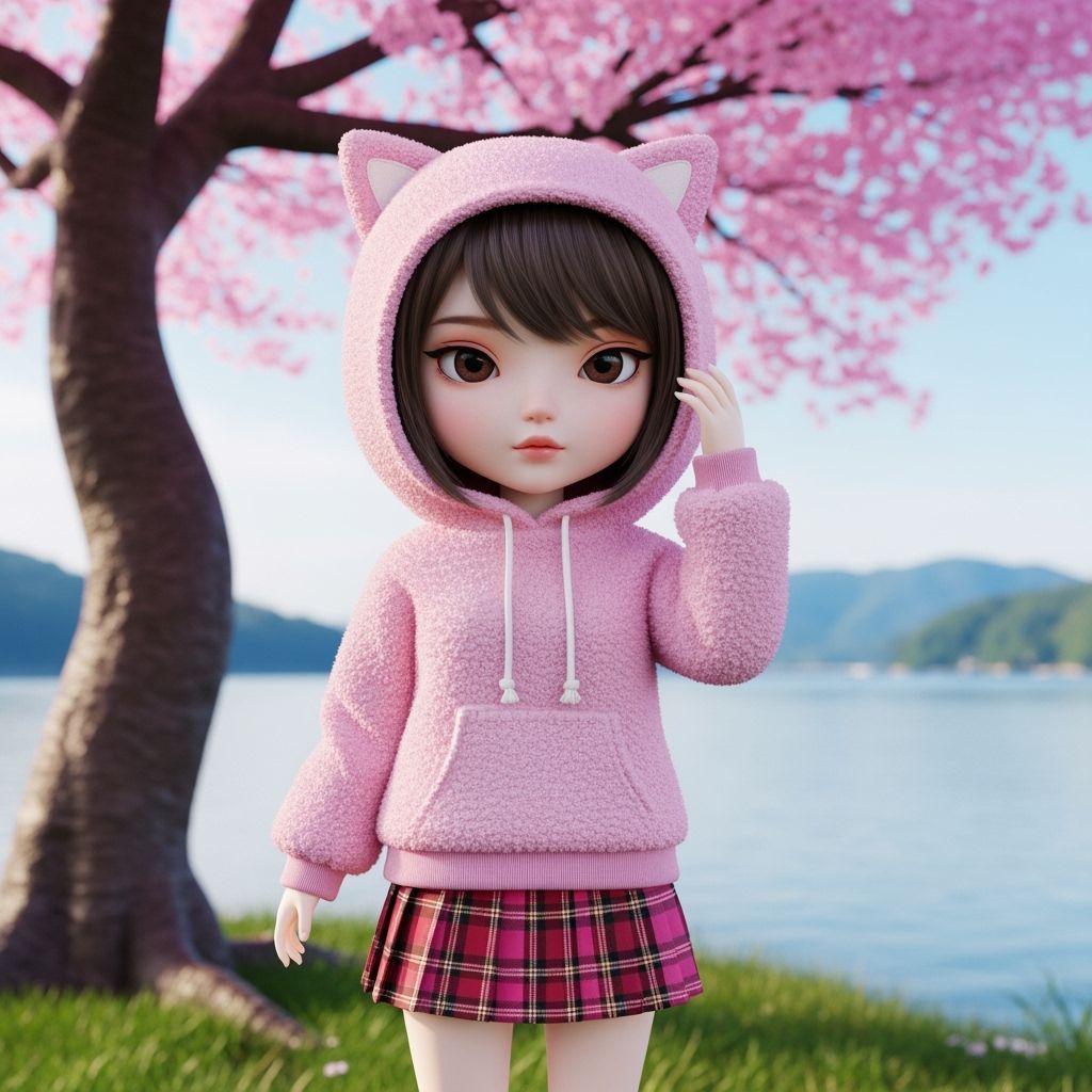 Japanese Chibi Doll Beside Sakura Tree