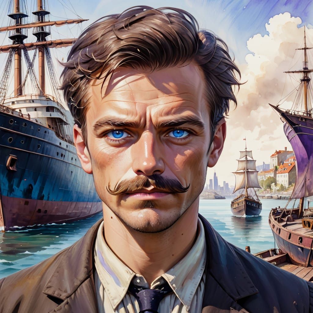 Man with Blue Eyes Sails Past an Ancient City