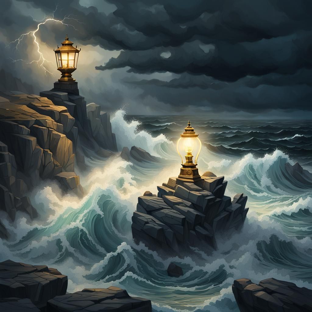 Tempestuous Ocean Lamp: A Fantasy Illustration