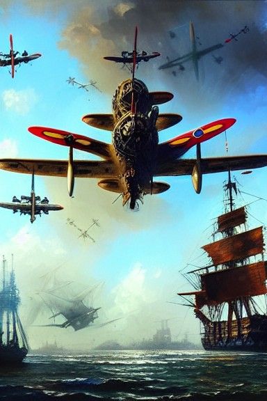 Lancaster Bomber Over Pirate Ship: Hyperrealistic Fantasy Ar...