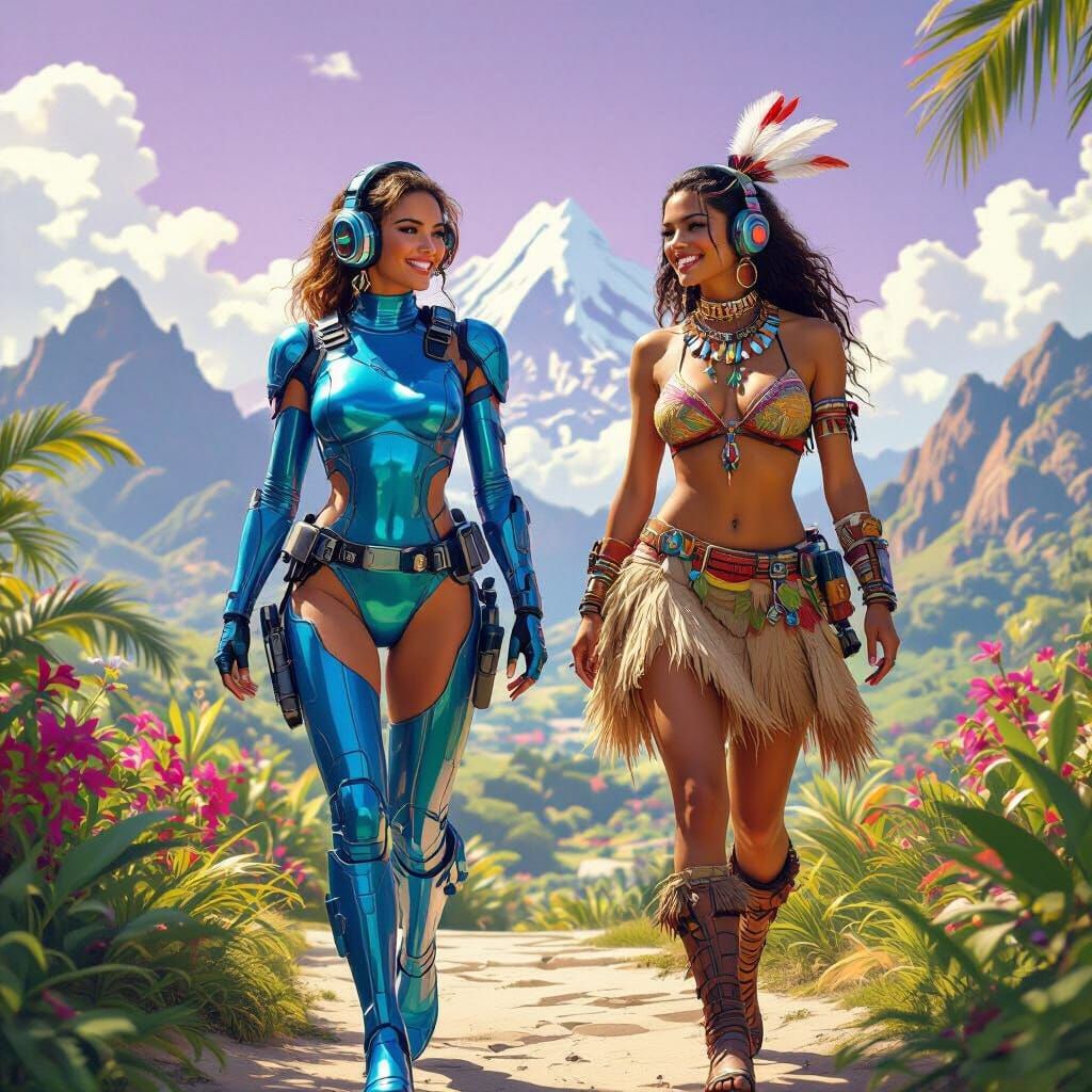 Two Women on Paradise Planet in Photorealistic Style