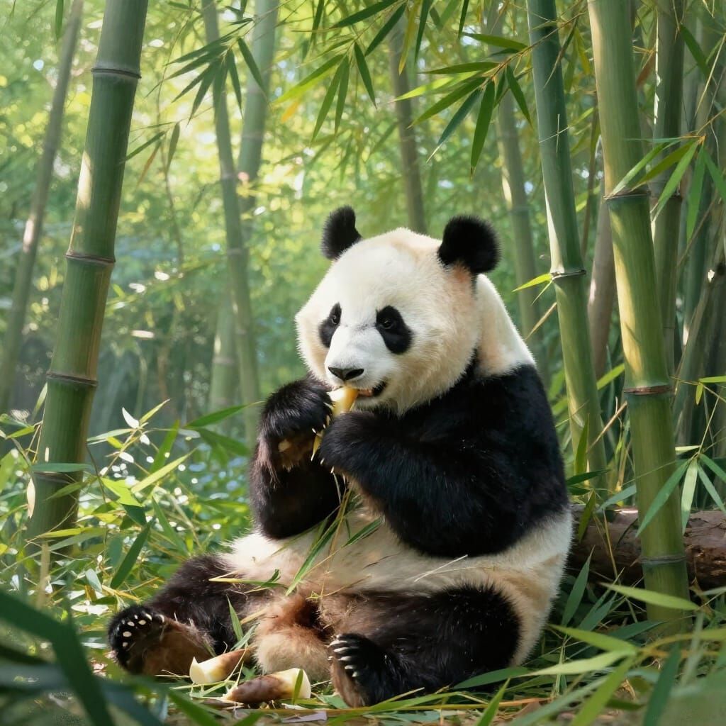 Majestic Panda Eating Bamboo in Forest Light