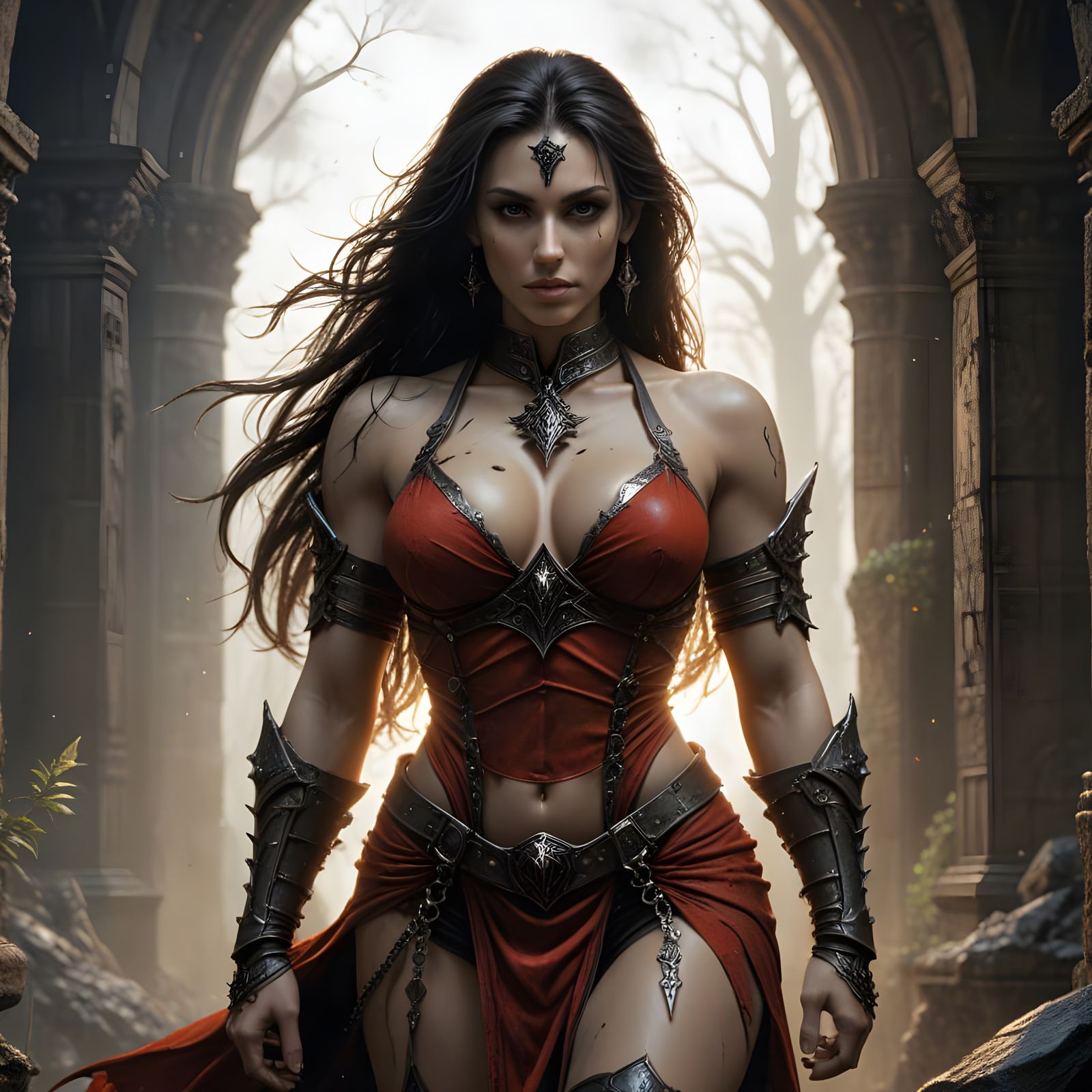 Gothic Elf Warrior with Cybernetics in Ruined Temple