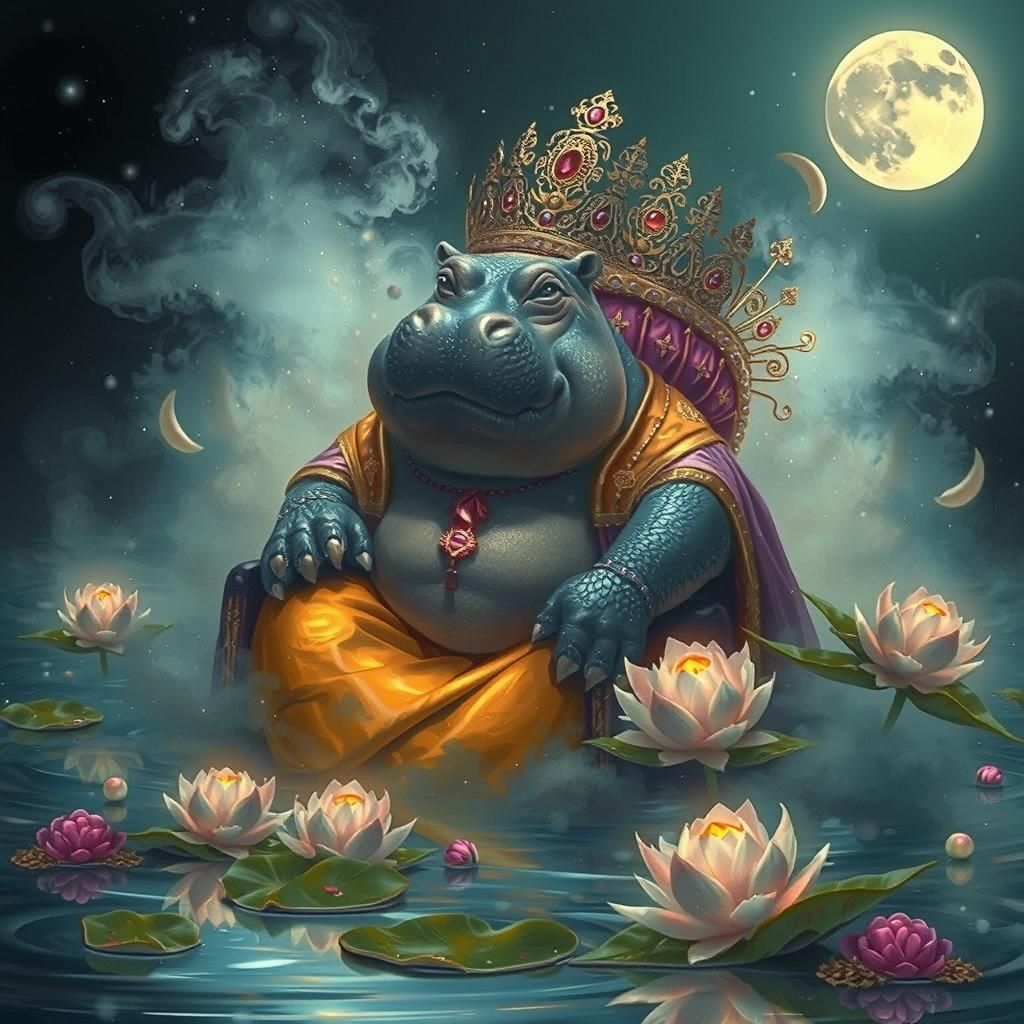 Hippo King on Jeweled Throne in Mystical Kingdom