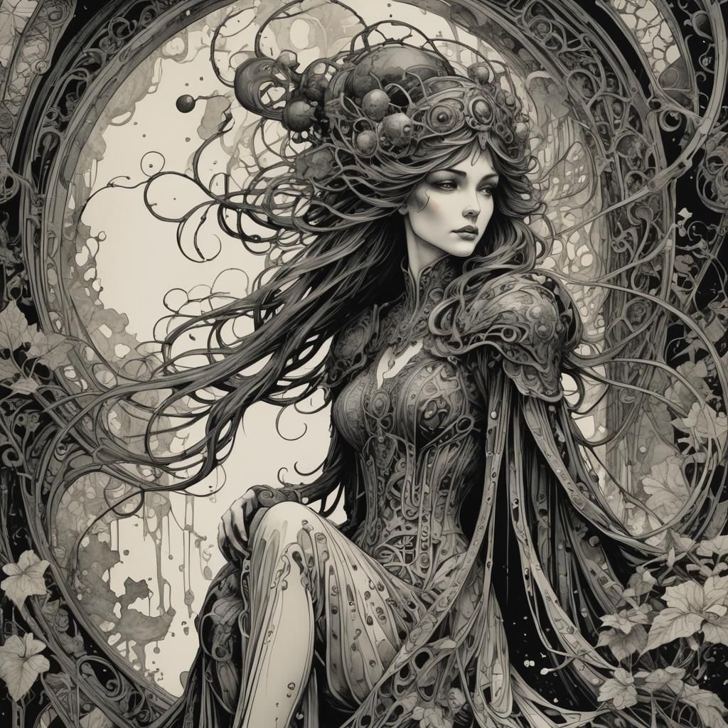 Art Nouveau Ink Drawing with Splatter Effects