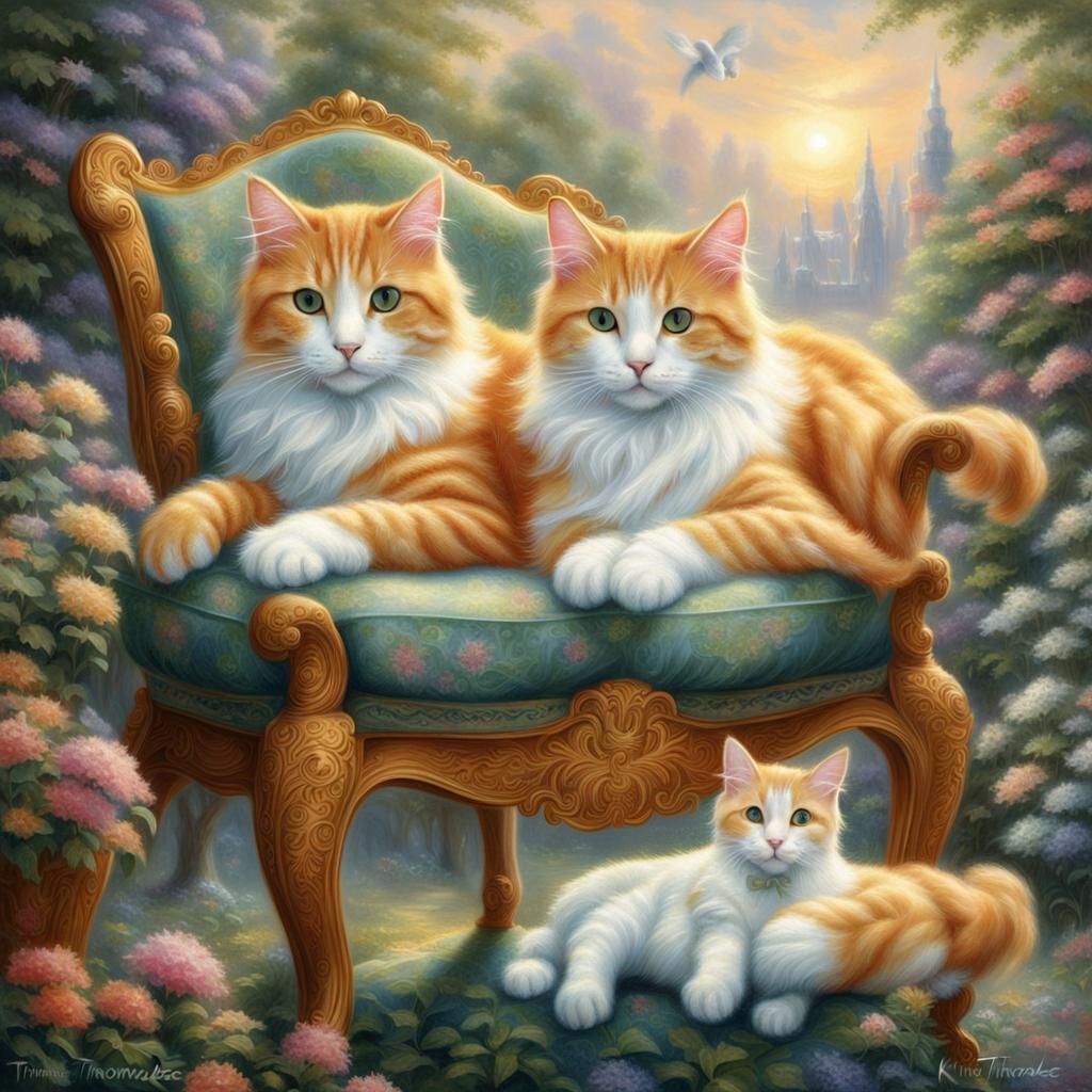 Ginger and White Cats on Chair in Ethereal Style