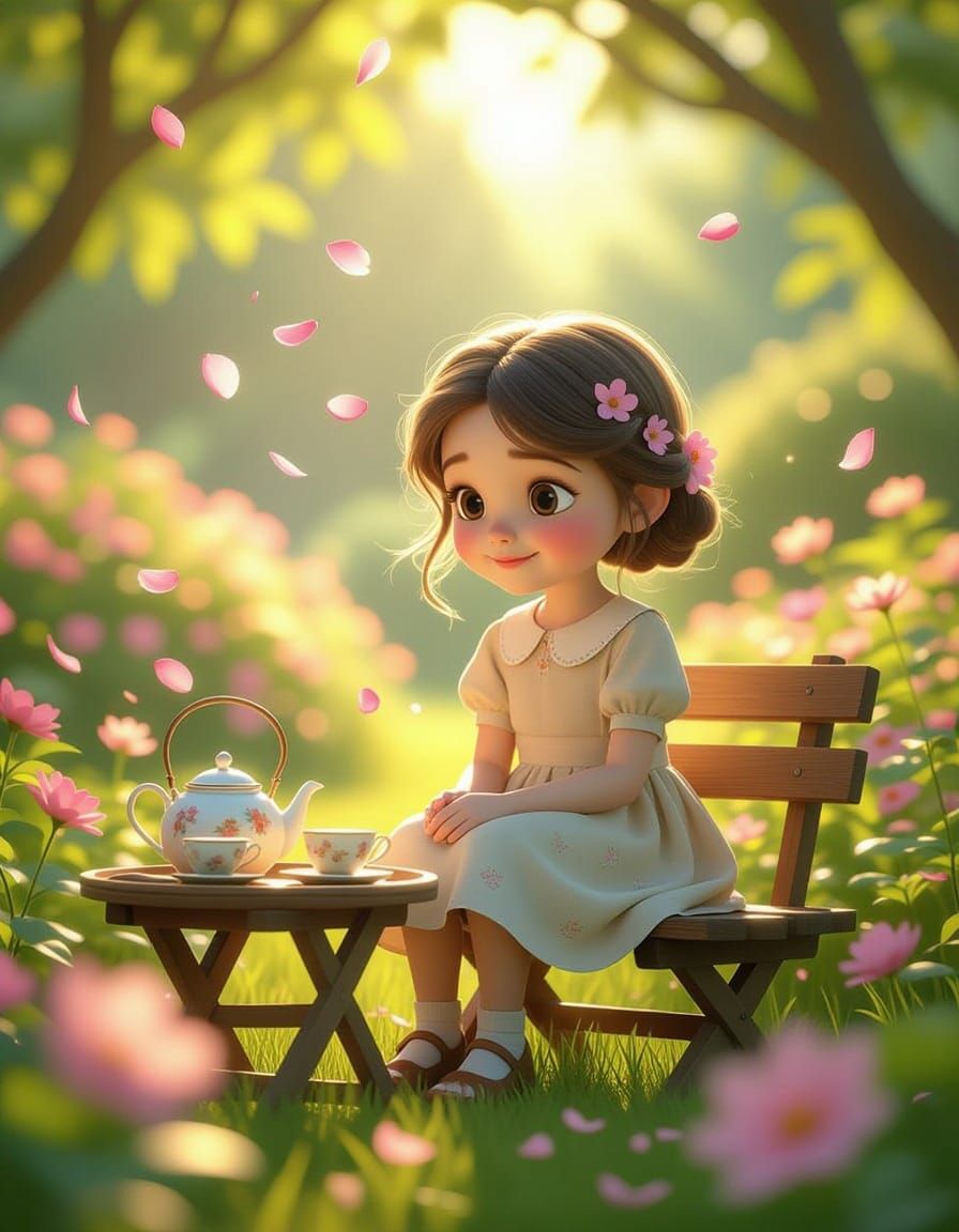Girl in Blooming Garden with Teapot, Pixar 3D Style