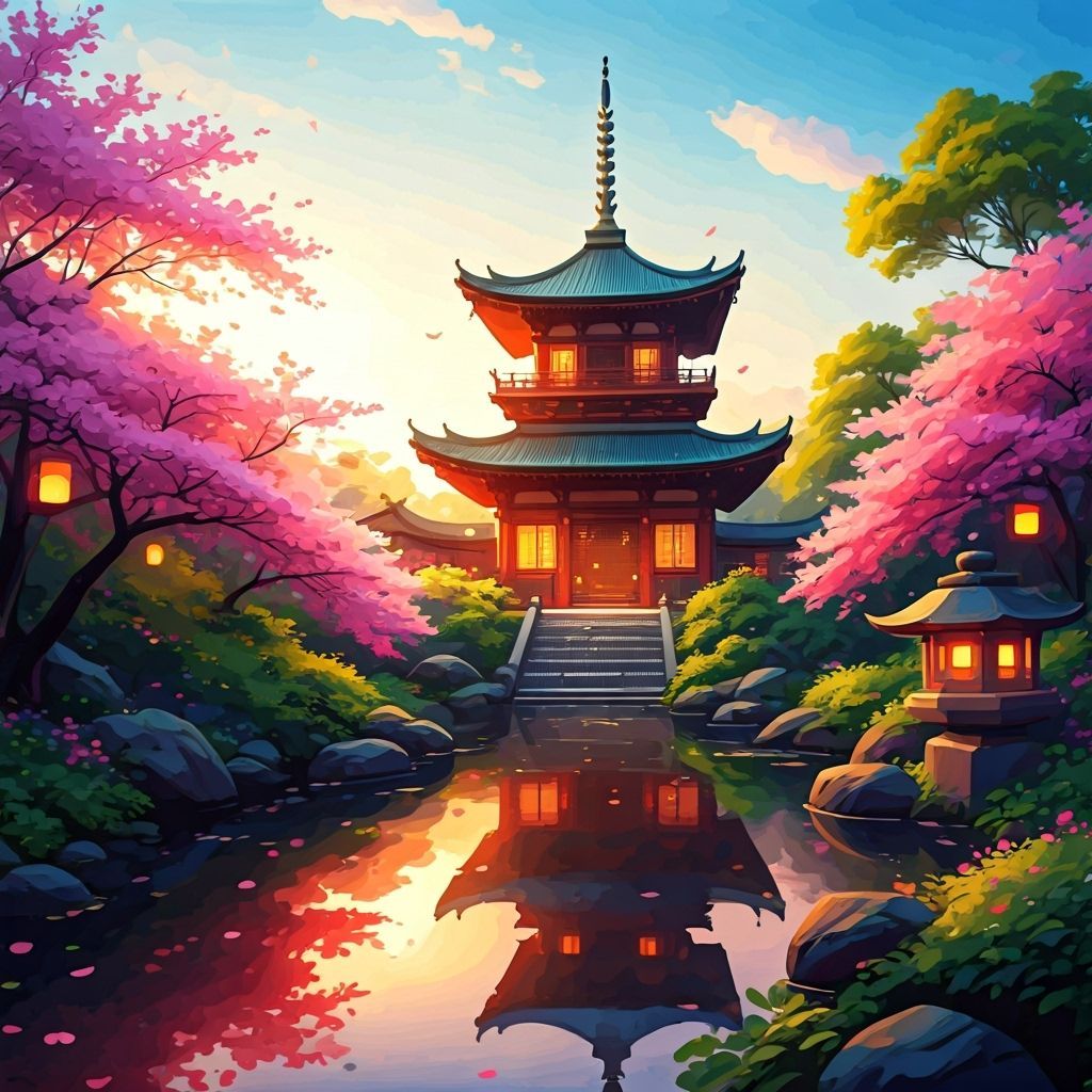 Vibrant Watercolor Pagoda at Sunset with Cherry Blossoms