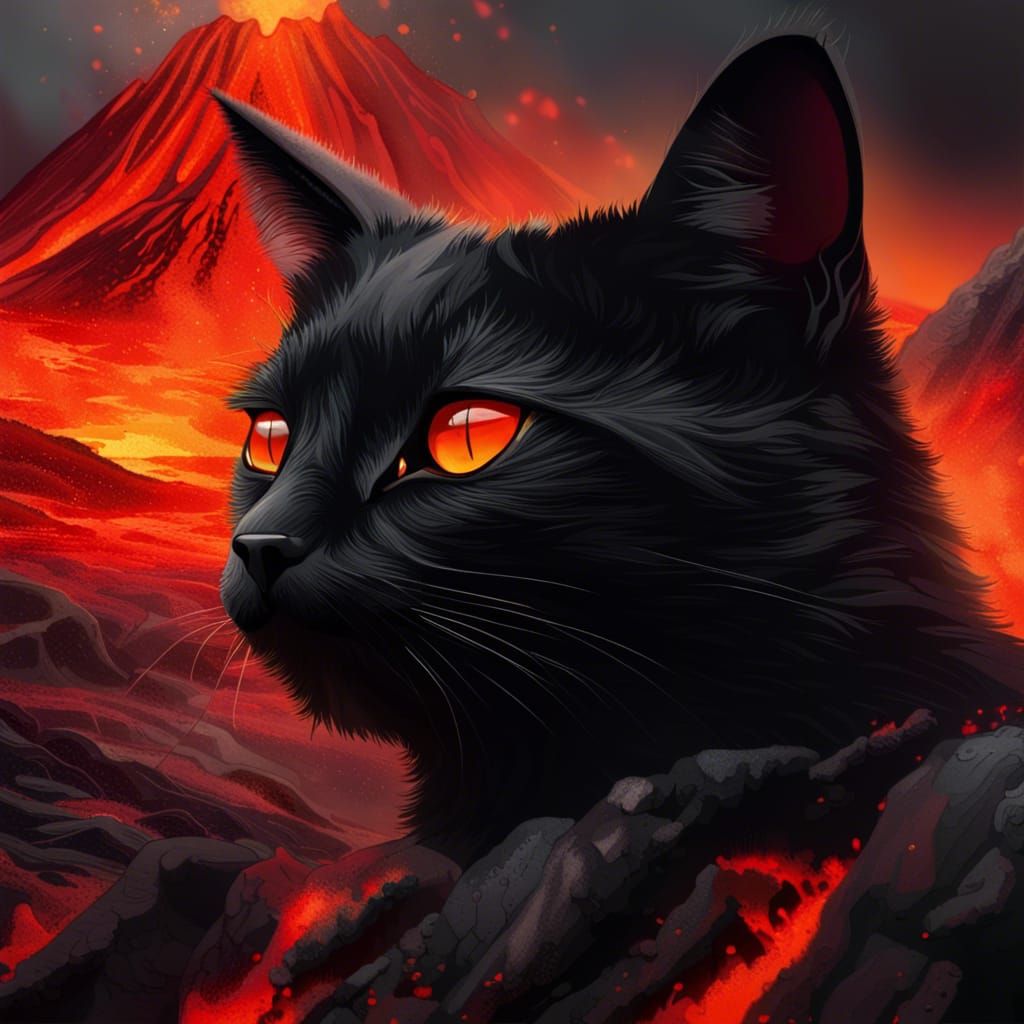 Fiery Black Cat Portrait in Volcanic Landscape