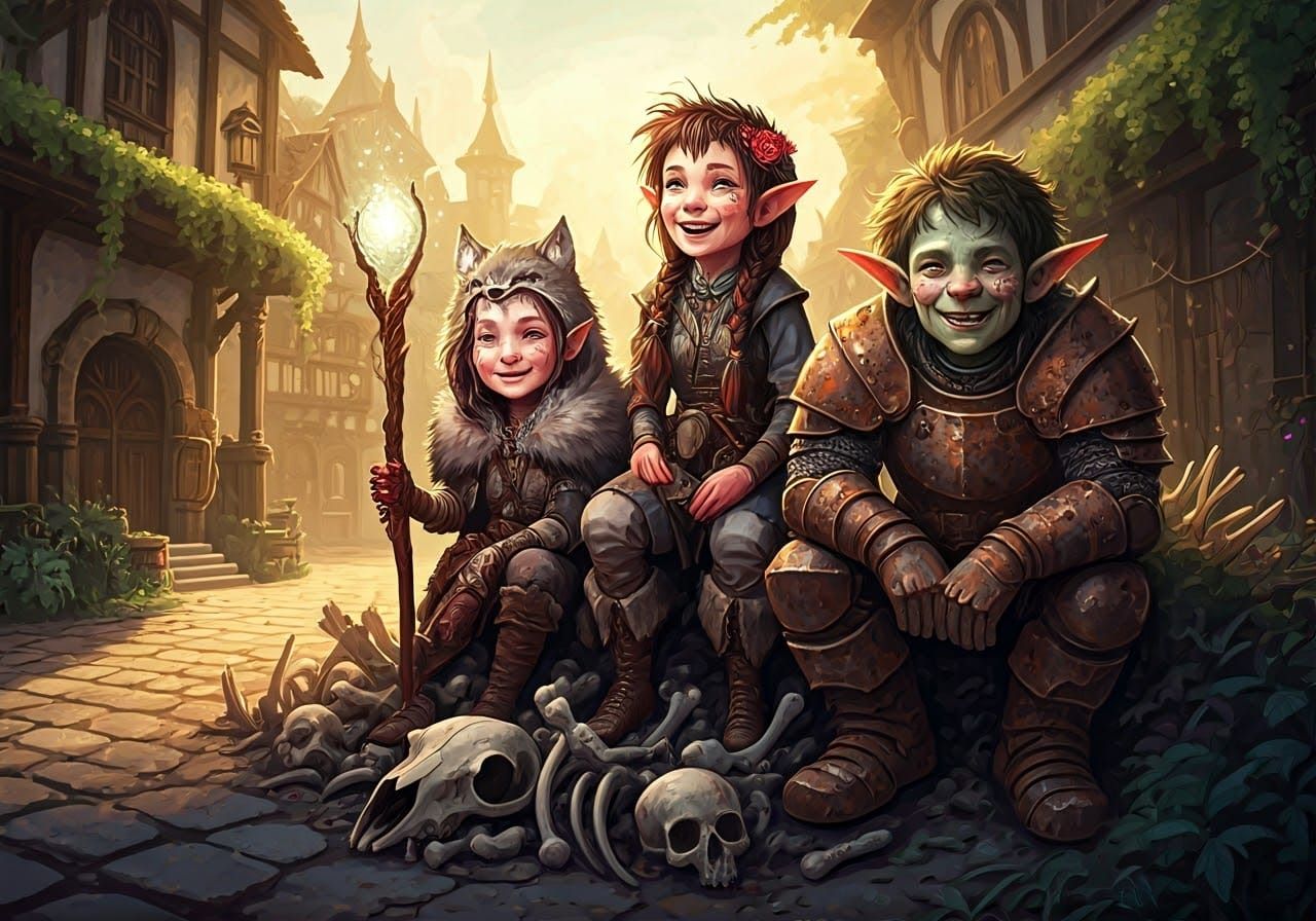 Laughing Warrior Adventurers in Steampunk Village Digital Ar...