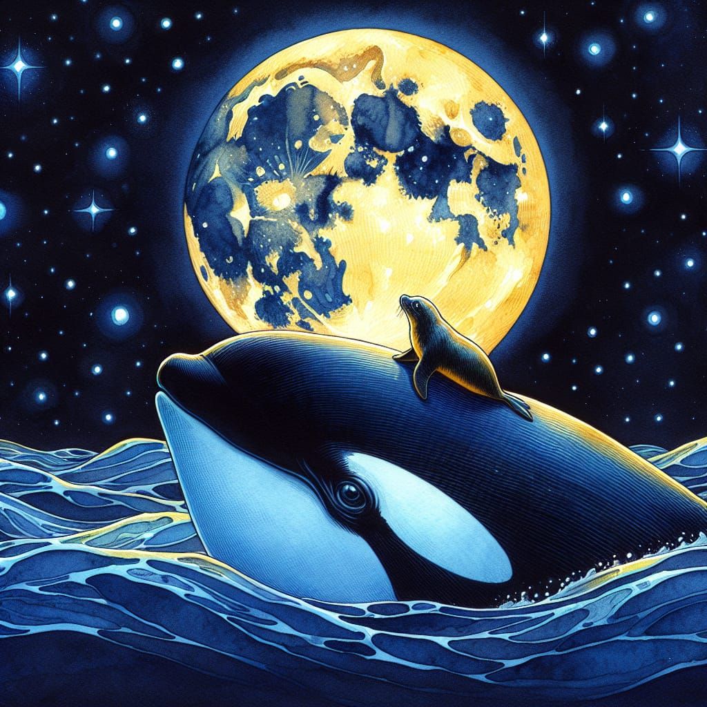 Seal Pup's Moonlit Ride: An Art Nouveau Scene