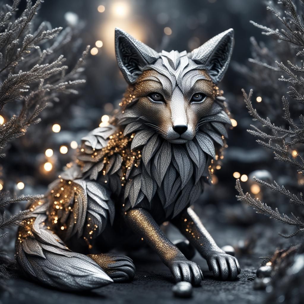 Hyperrealistic Metal Glitter Fox with Grey Accents