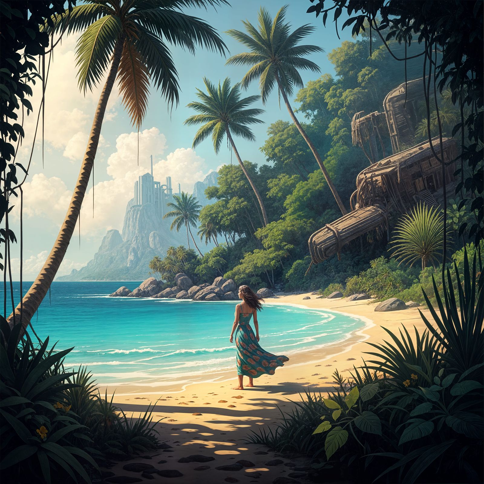 Tropical Caribbean Beach Paradise with Turquoise Water & Pal...