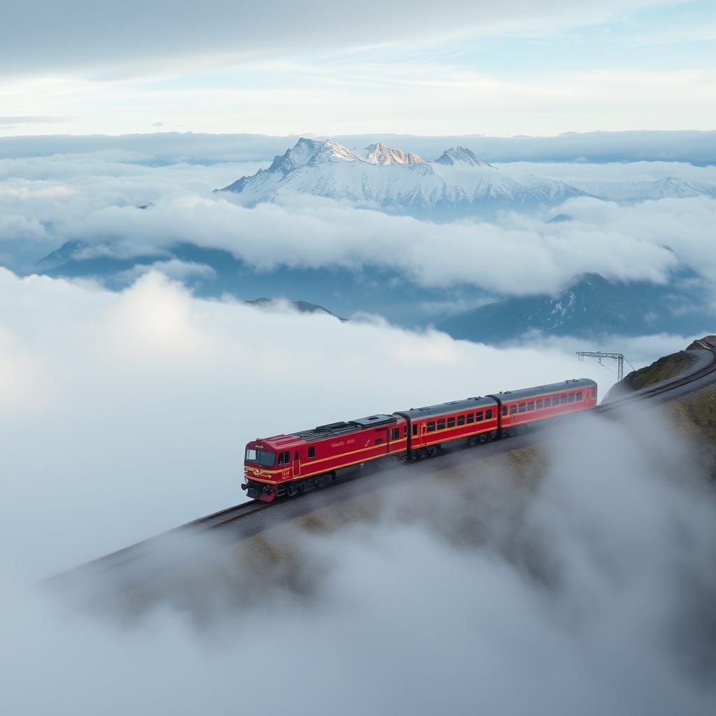 Train Chugs Through Majestic Cloudy Peak