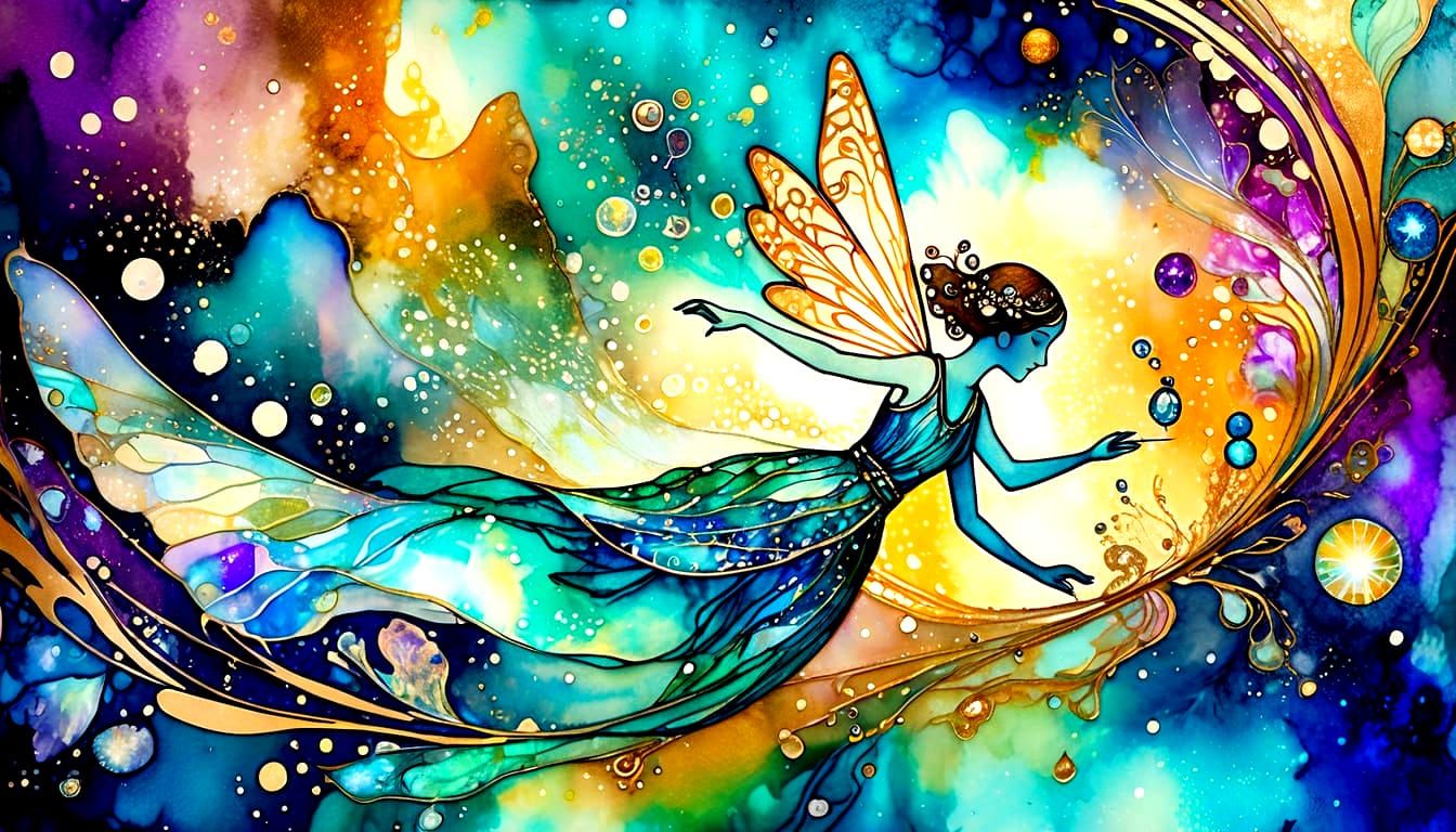 Art Deco Fairy Floating Down Holographic River