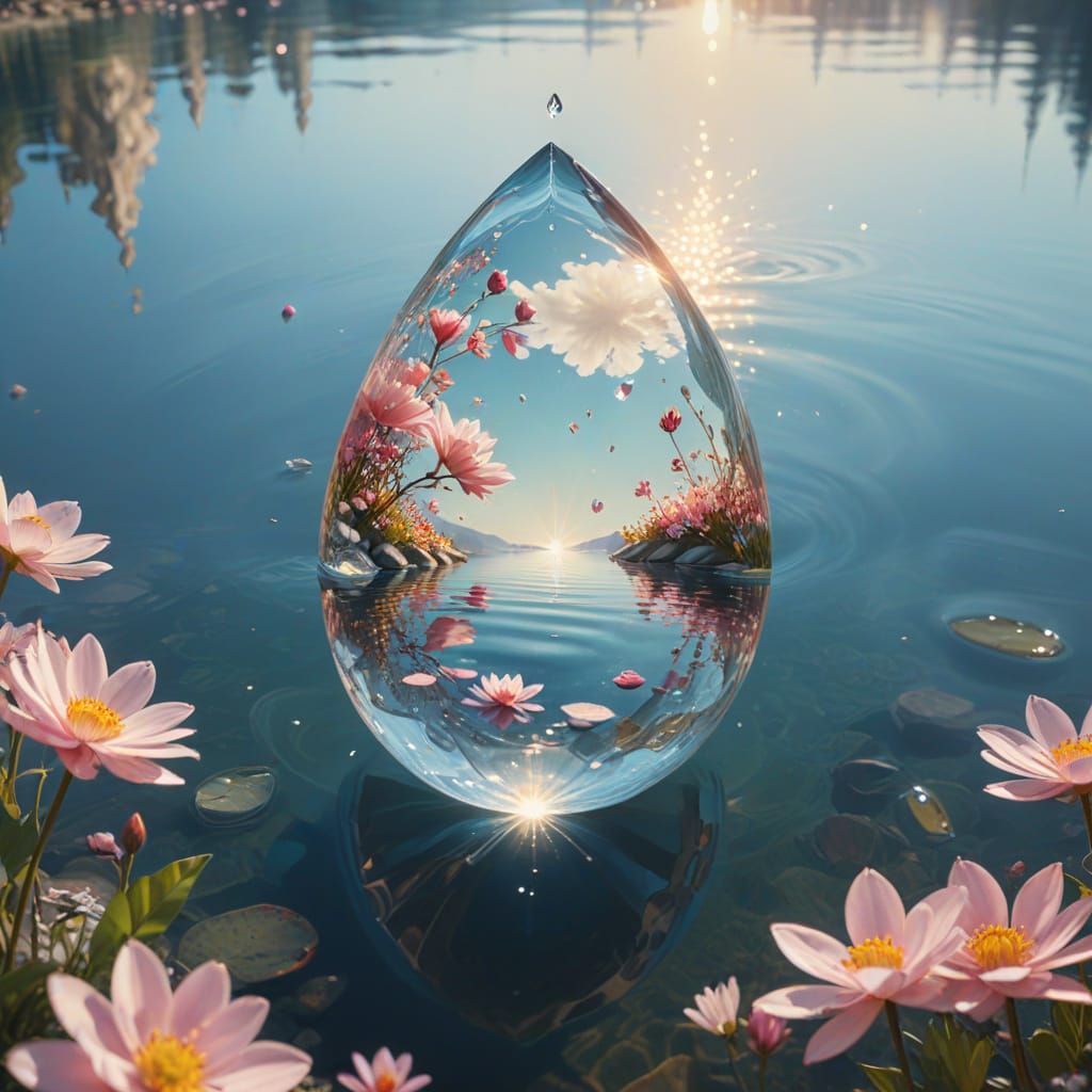 Teardrop of Petals Above Crystal Lake: Surreal Oil Painting