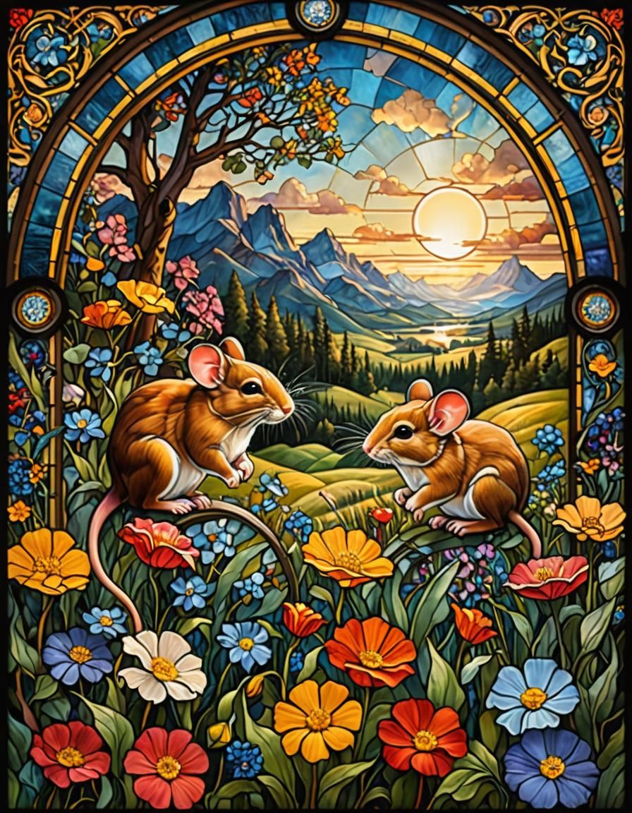 Stained Glass Mice in Field with Flowers