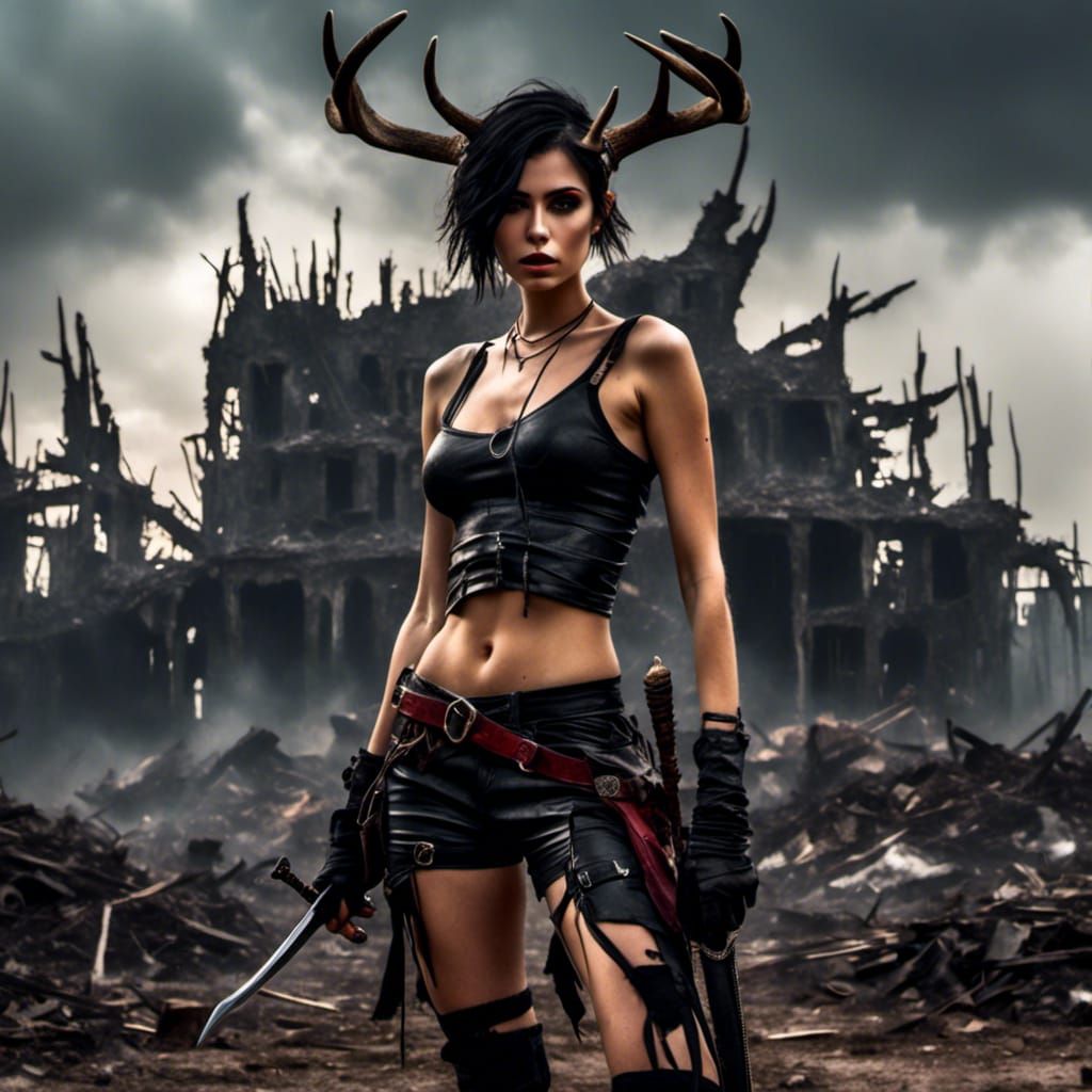 Post-Apocalyptic Woman with Sword in Dark Impasto Style