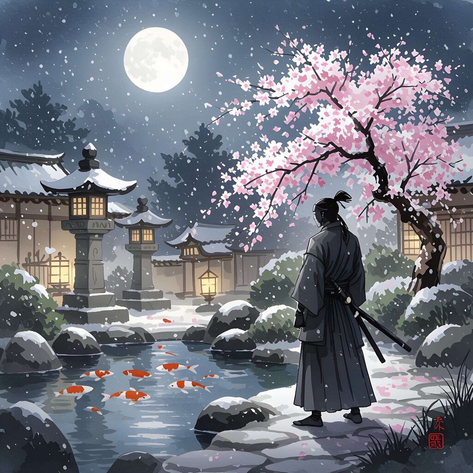 Ninja in Moonlit Japanese Garden, Sumi-e Style