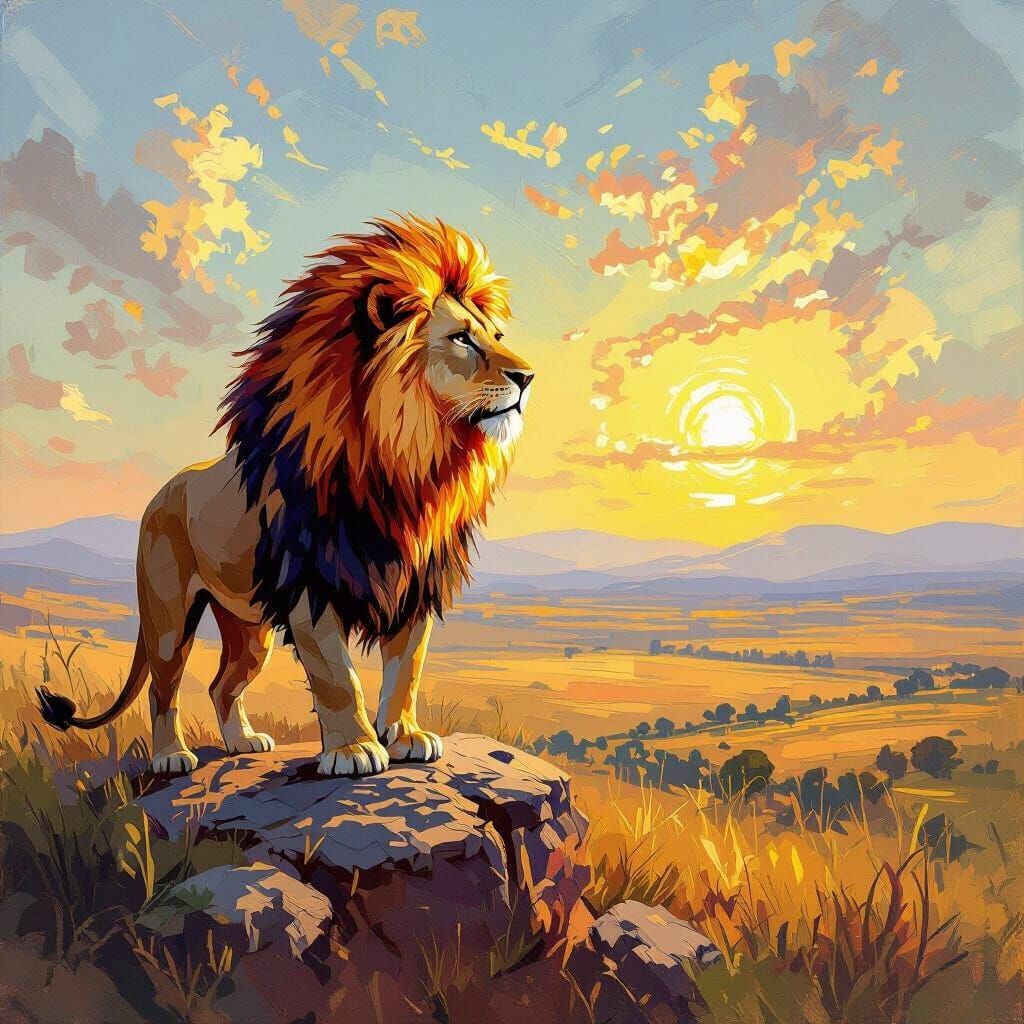 Majestic Lion with Fiery Mane on Cliff Overlooking Savannah