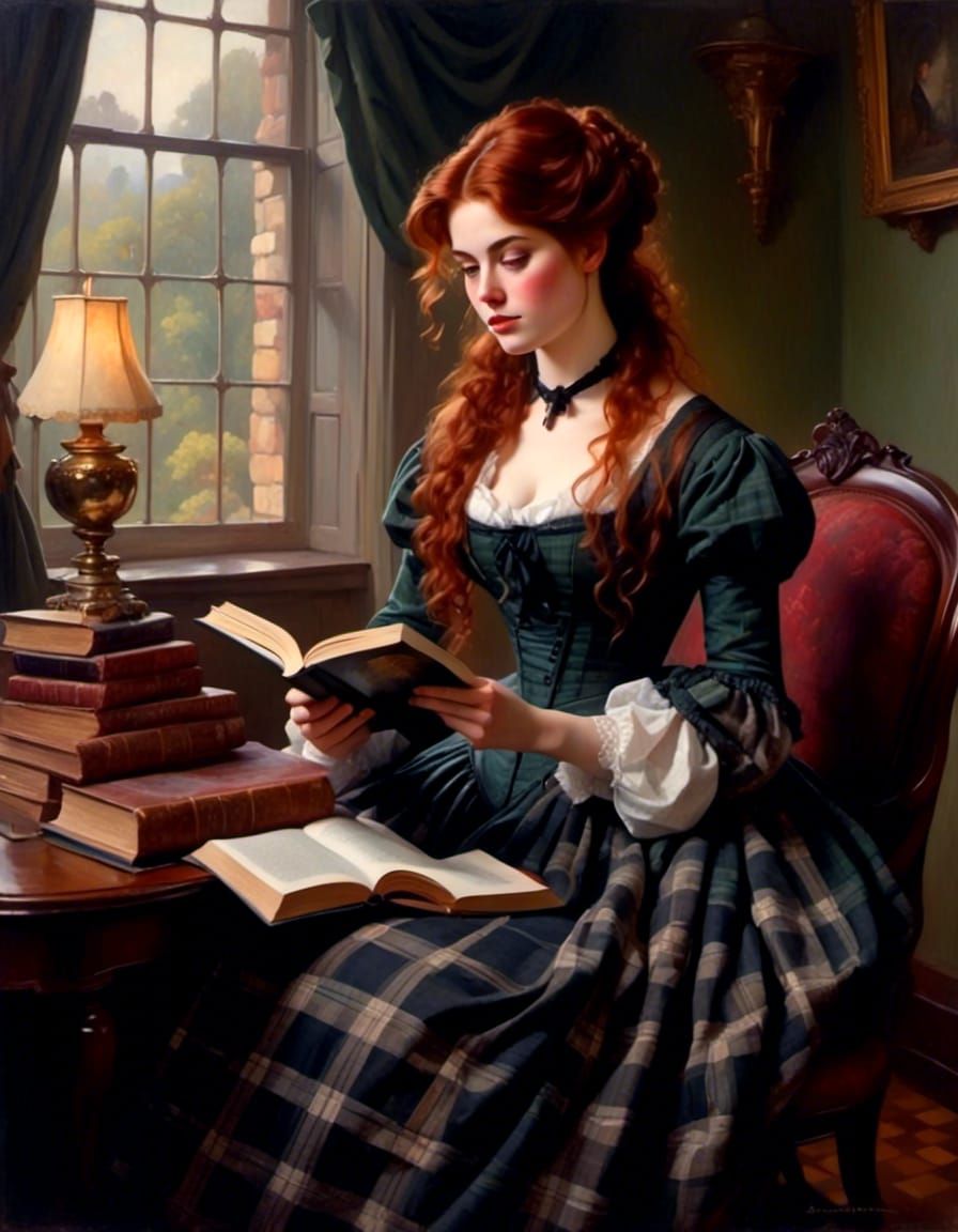 Victorian Woman Reading Book in Parlor Portrait