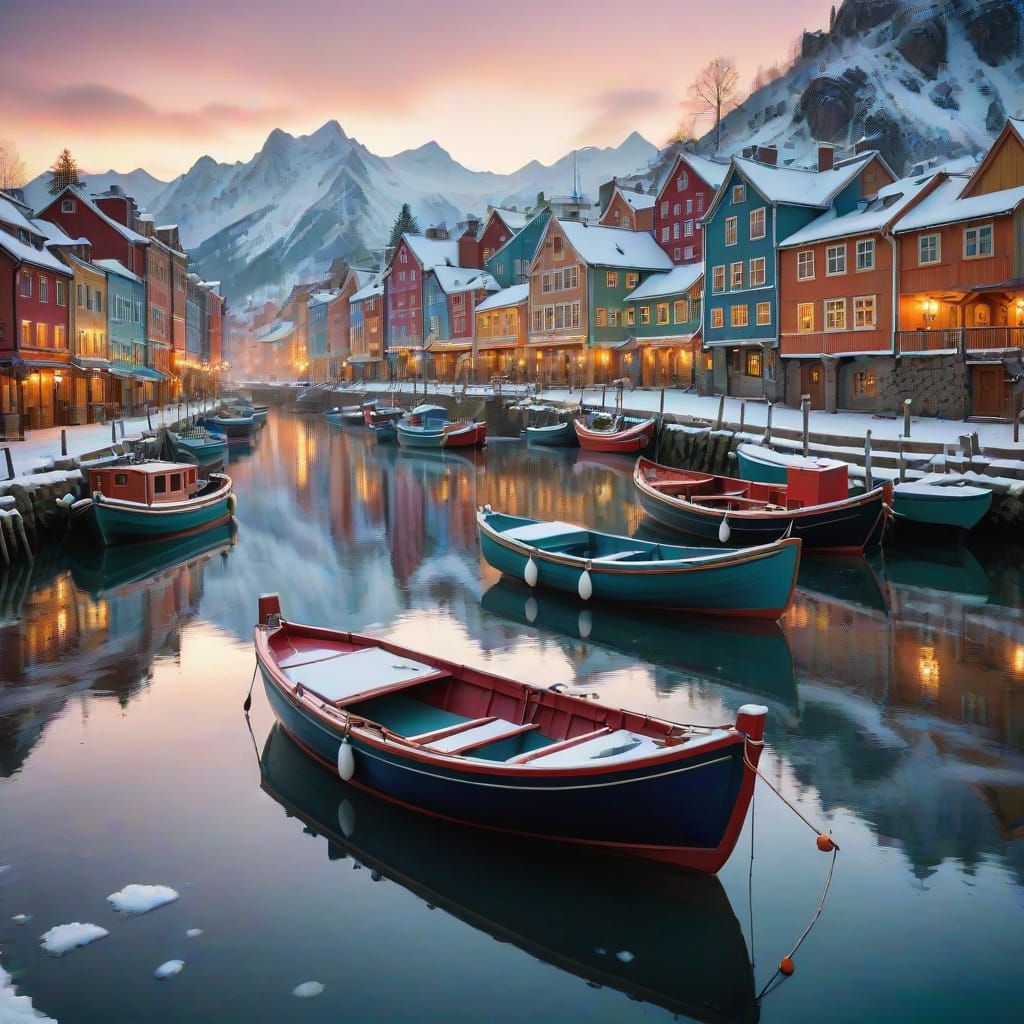 Snowy Fishing Village Harbor in Winter Wonderland Style