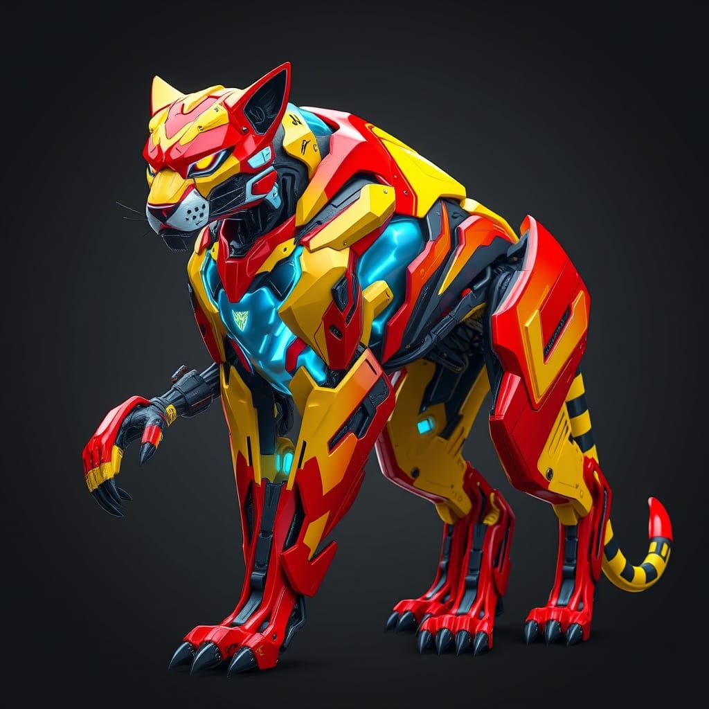 Cyberpunk Leopard in Electric Red and Blue Armor