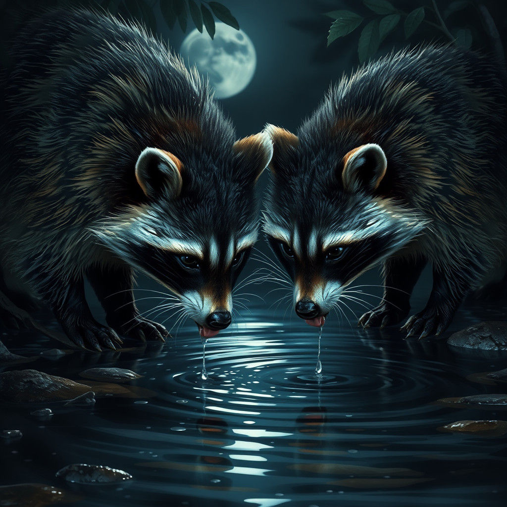 Raccoons Drinking at Night: Photorealistic River Scene