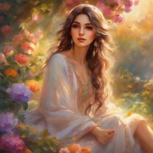Iranian Beauty in a Colorful Garden, Royo Style