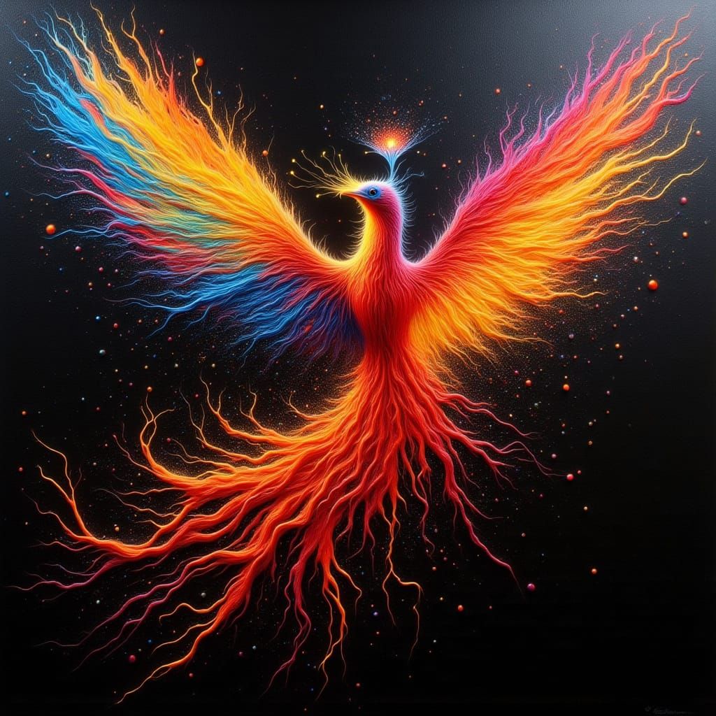 Abstract Phoenix Silhouette in Vibrant Paint Explosion