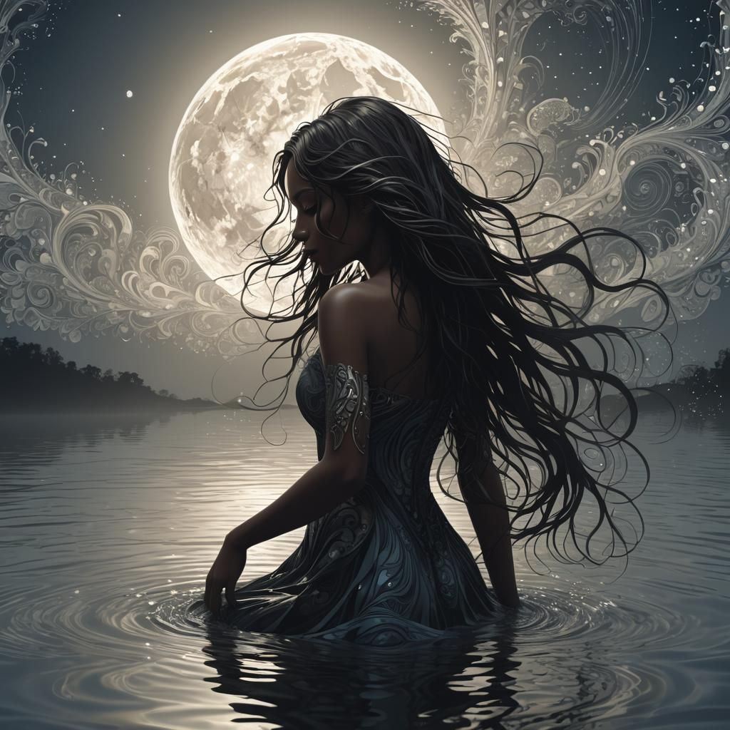 Woman's Silhouette Under Moon with Abstract Fractals