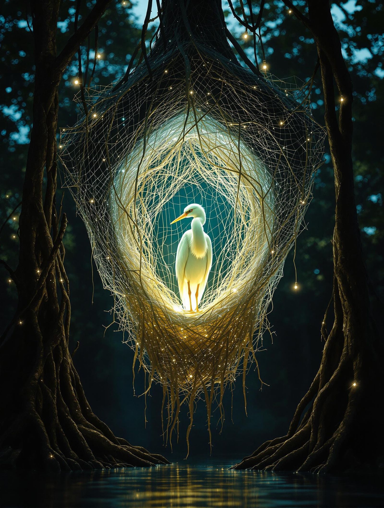 Egret in Mangrove Nest: Hyperrealistic Digital Painting