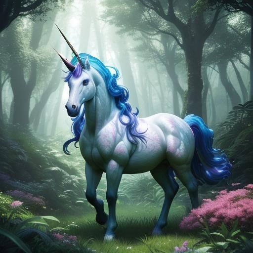 Lush Anime Unicorn Portrait in Fantasy Forest