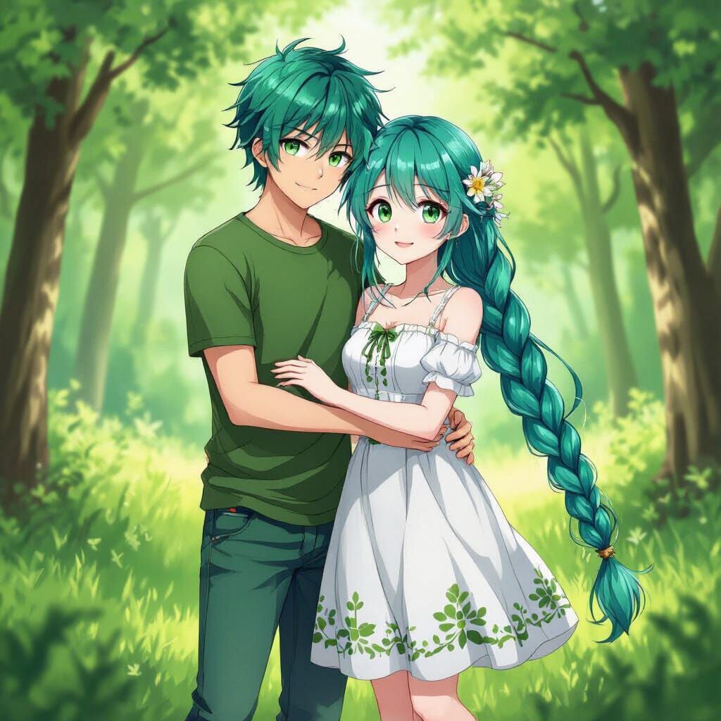 Anime Couple Embracing in Sun-Dappled Green Clearing