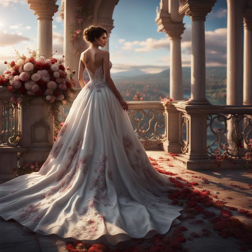 Bride in White Wedding Dress on Balcony