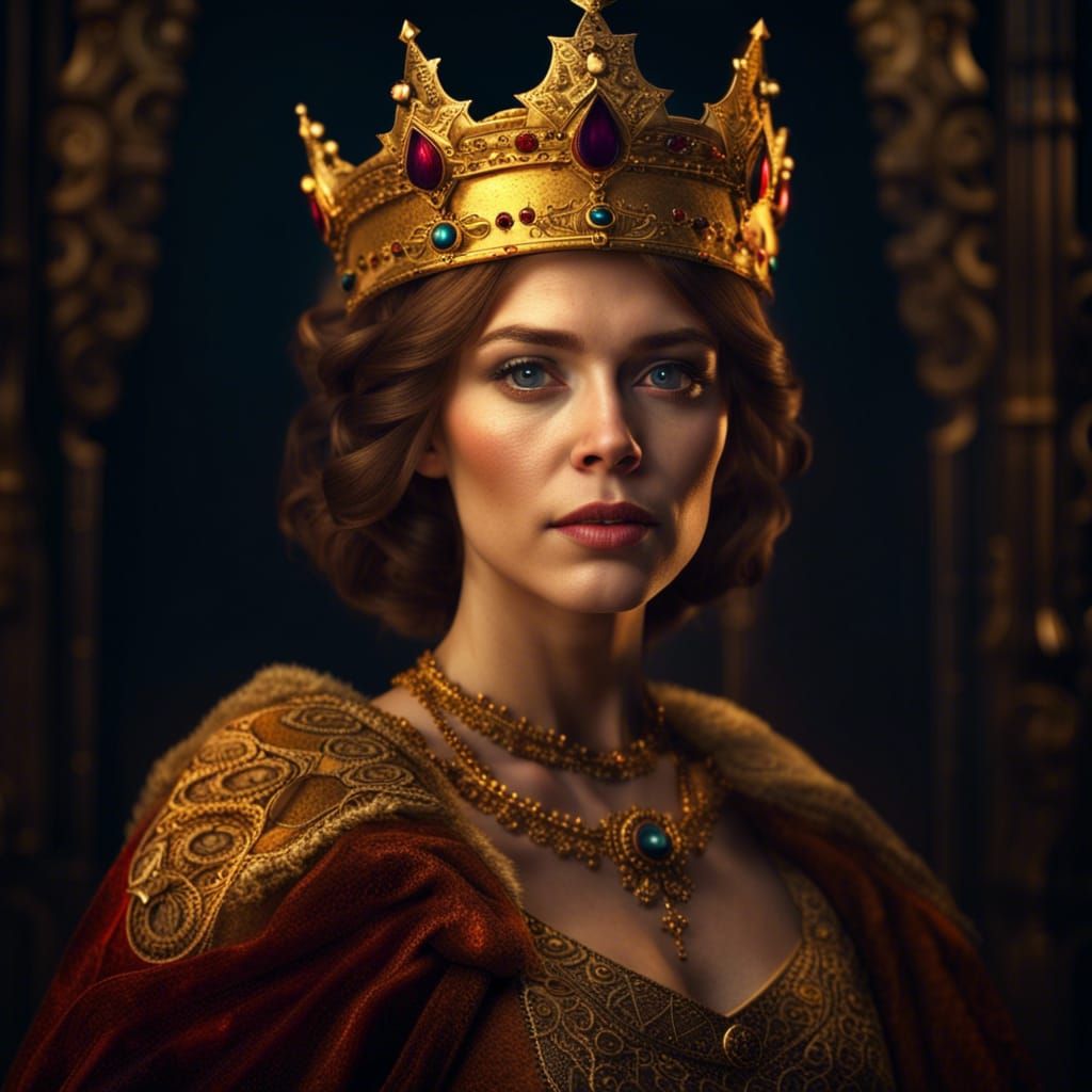 Medieval Queen with Golden Crown in Deep Color