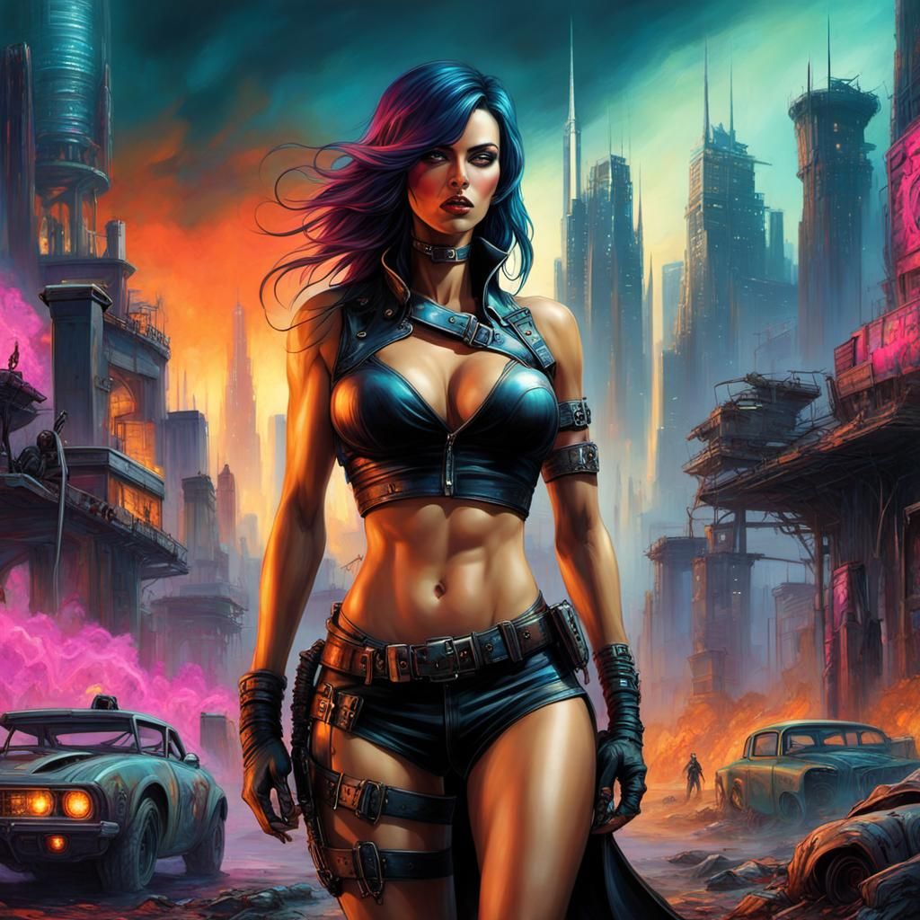 Cyberpunk Woman in Post-Apocalyptic Wasteland