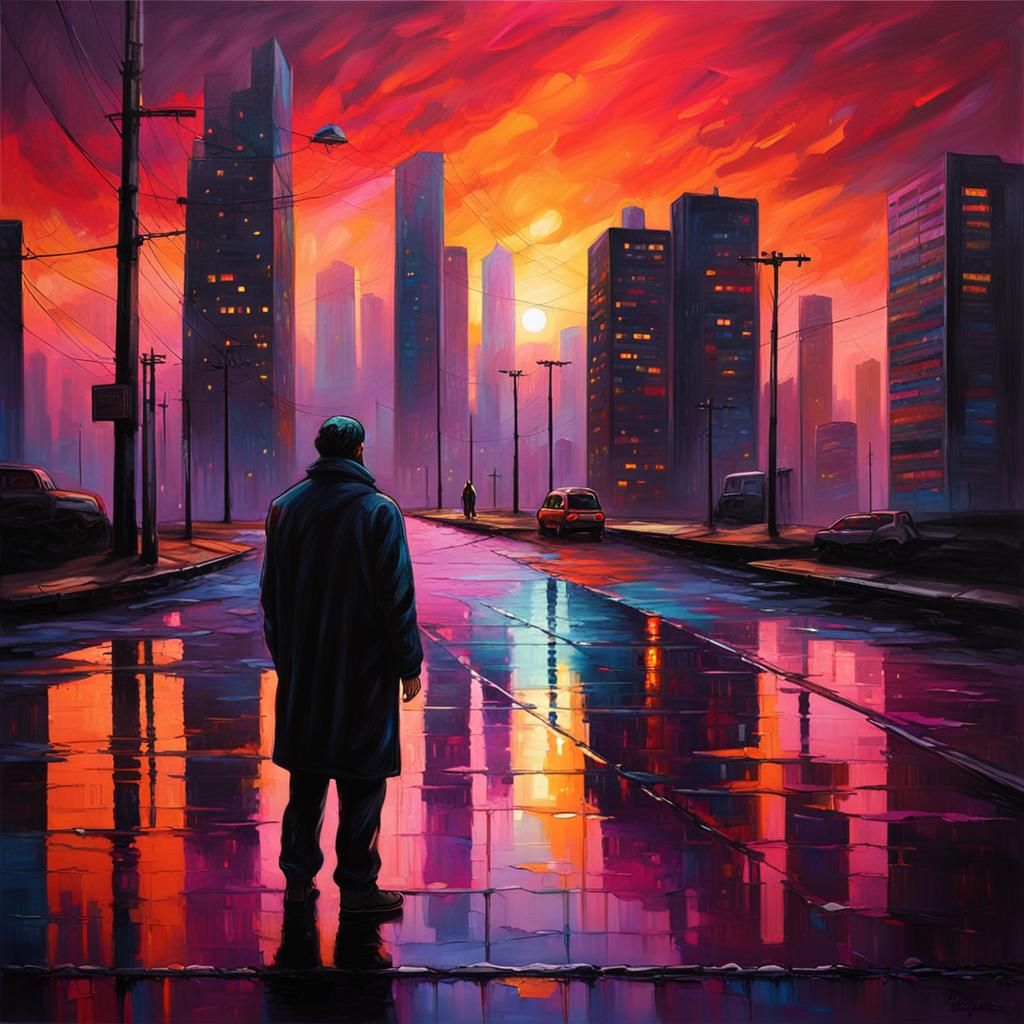 Dark Surreal Sunset Over Neon Cityscape